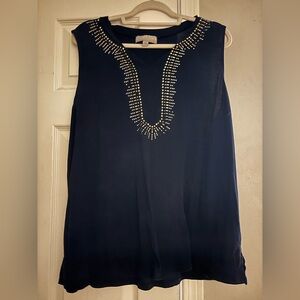 Carole Little Navy Sleeveless Top with Gold Accents